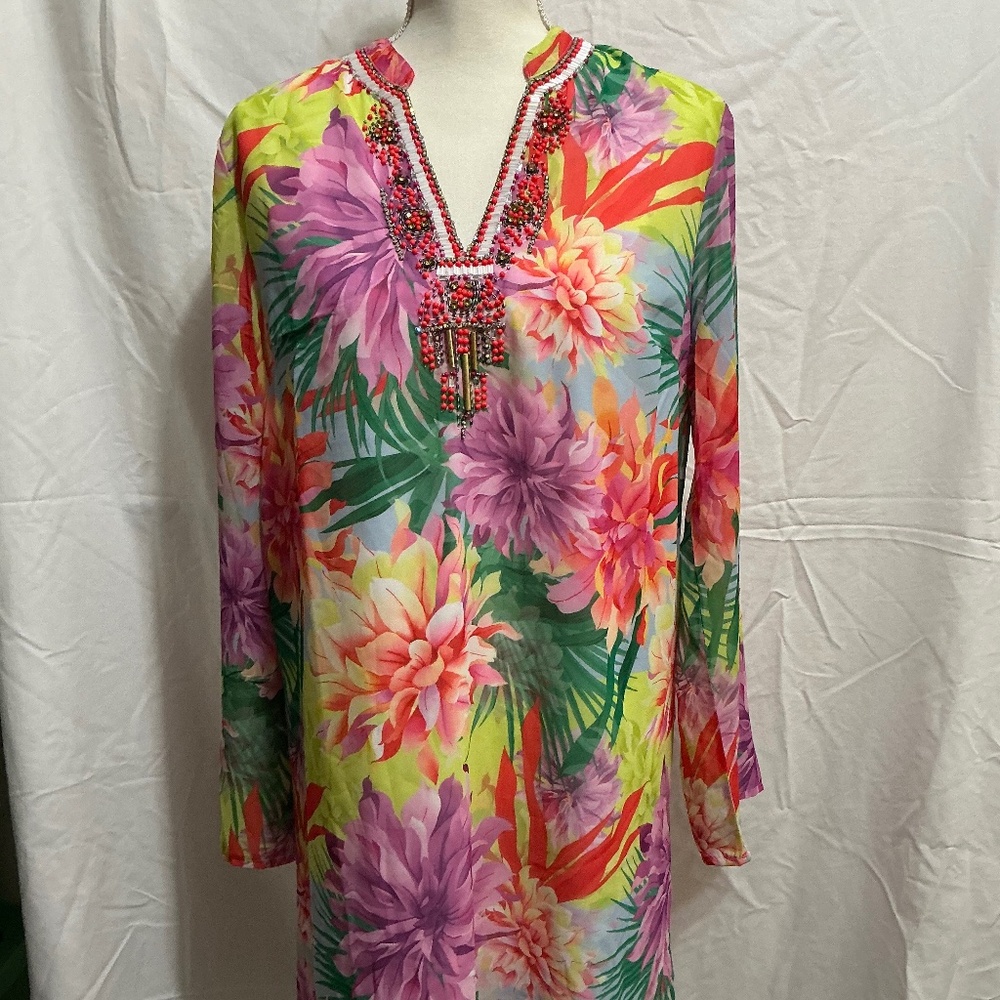 Banana Boat Ladies Floral UVF Beaded Long Sleeve Dress Size Large